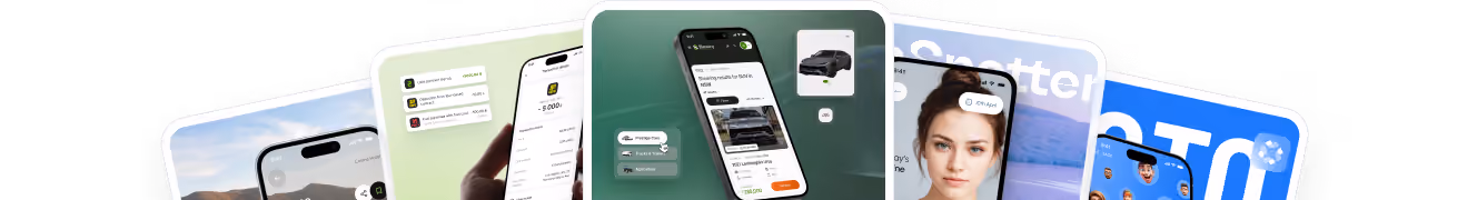 A horizontal fan of smartphone screens displaying various app interfaces including photos, payments, streaming, facial recognition, and social media icons on colorful backgrounds.