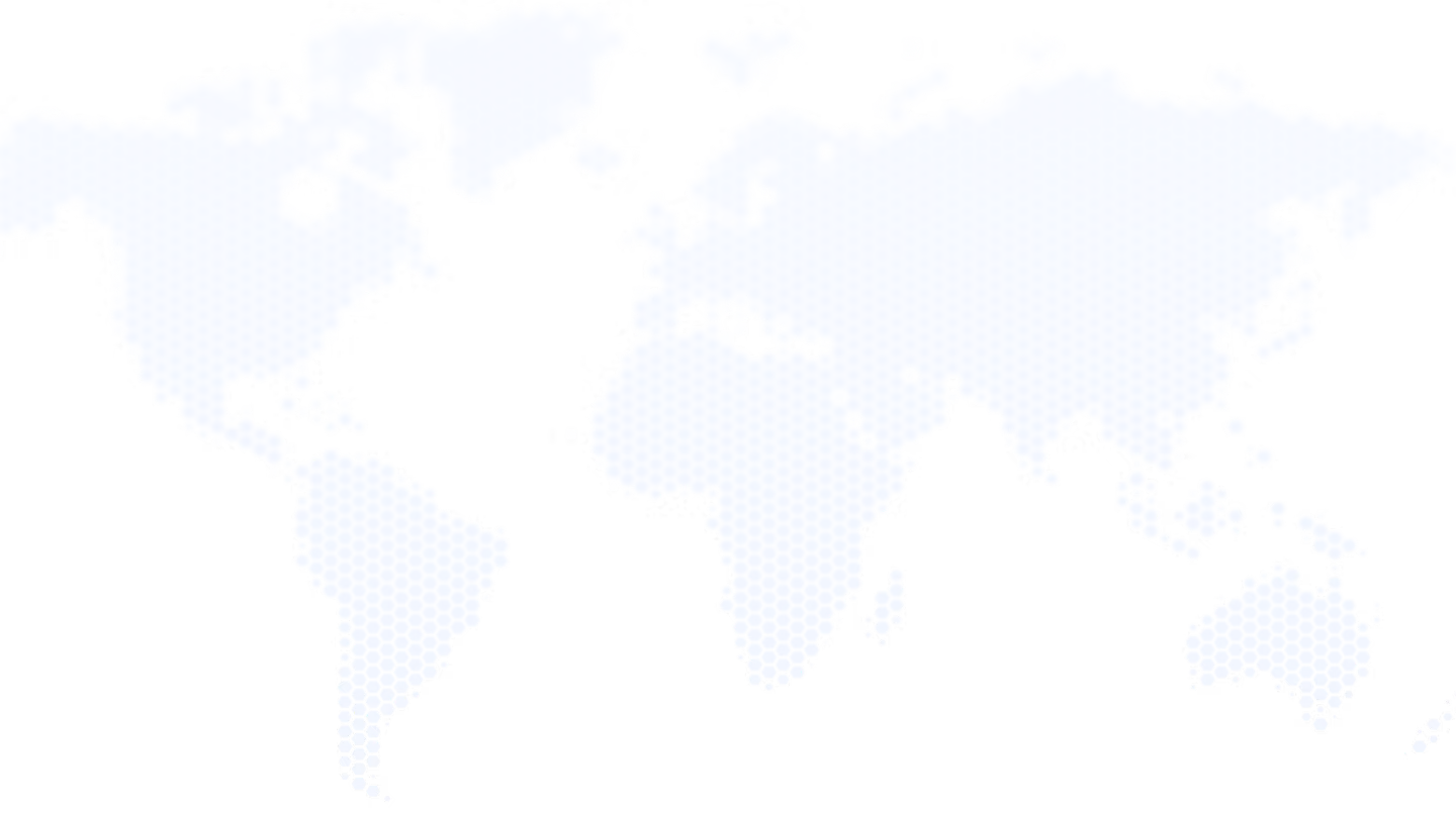 World map composed of light blue hexagonal dots on a transparent background, outlining continents and major landmasses.