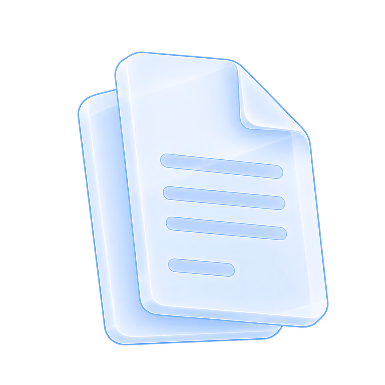 Two overlapping translucent documents with rounded corners and lines indicating text.