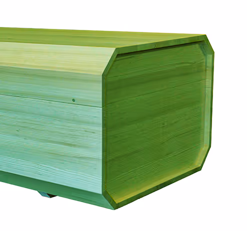 Green wooden coffin with a faceted octagonal shape and smooth finish.