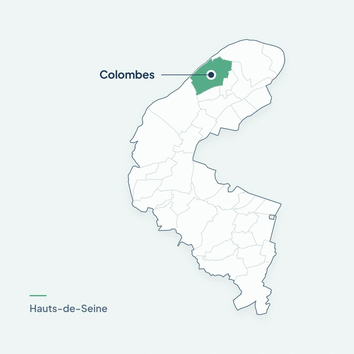 Carte des communes des Hauts-de-Seine qui s'allument une à une, Colombes mise en avant