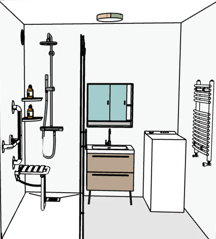 Croquis du&nbsp;projet&nbsp;: à&nbsp;gauche, la&nbsp;douche derrière sa&nbsp;paroi vitrée, avec un&nbsp;siège et&nbsp;des barres d'appui&nbsp;; à&nbsp;droite, le&nbsp;meuble vasque et&nbsp;le&nbsp;lave-linge