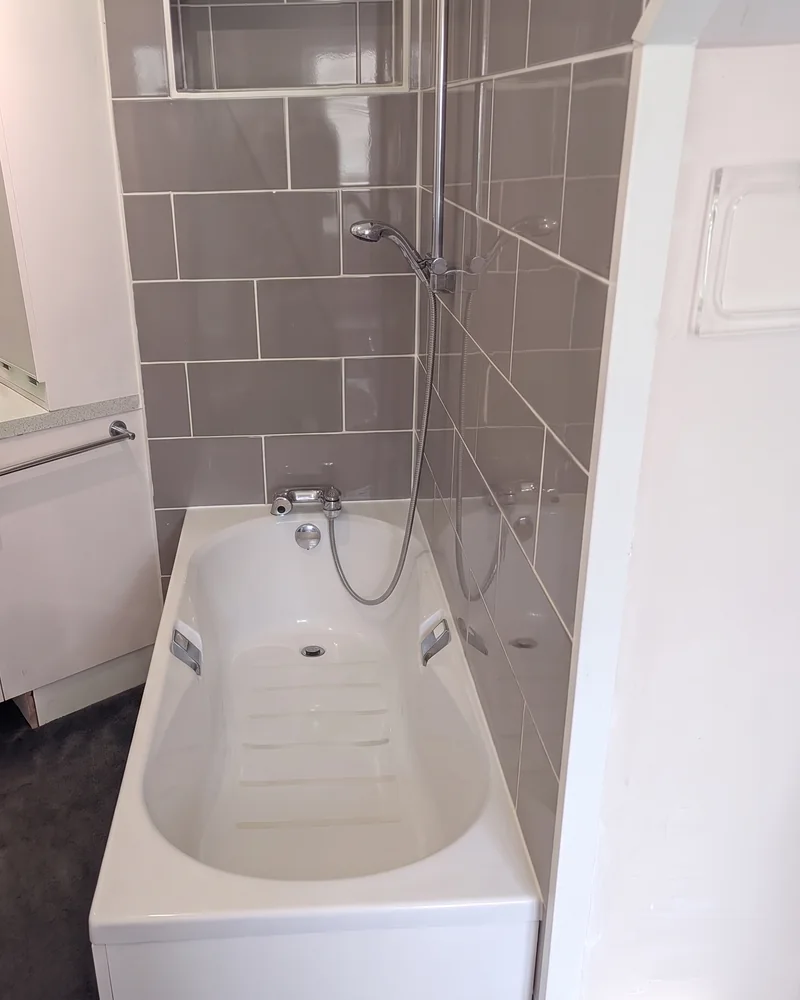 Avant&nbsp;: la&nbsp;baignoire, le&nbsp;long d'un&nbsp;mur carrelé, avec une douchette