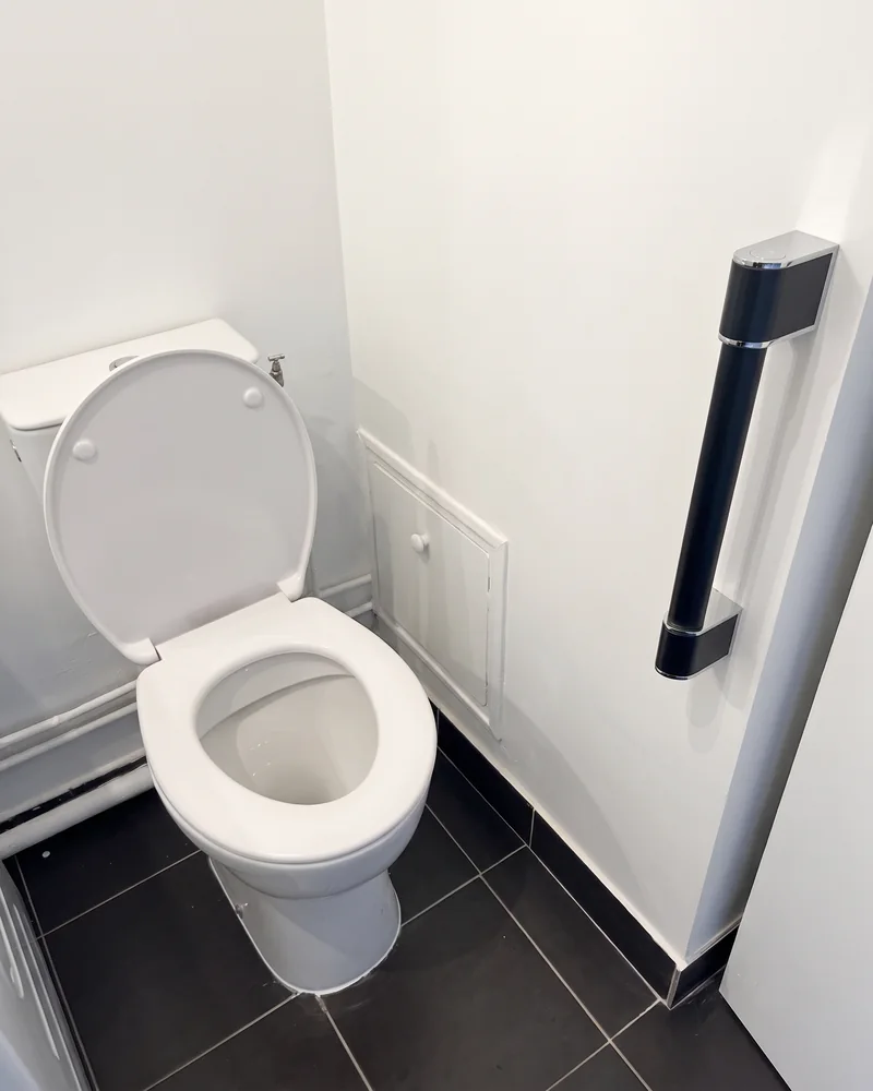 Après&nbsp;: les toilettes, avec une barre d'appui verticale fixée au&nbsp;mur de&nbsp;droite