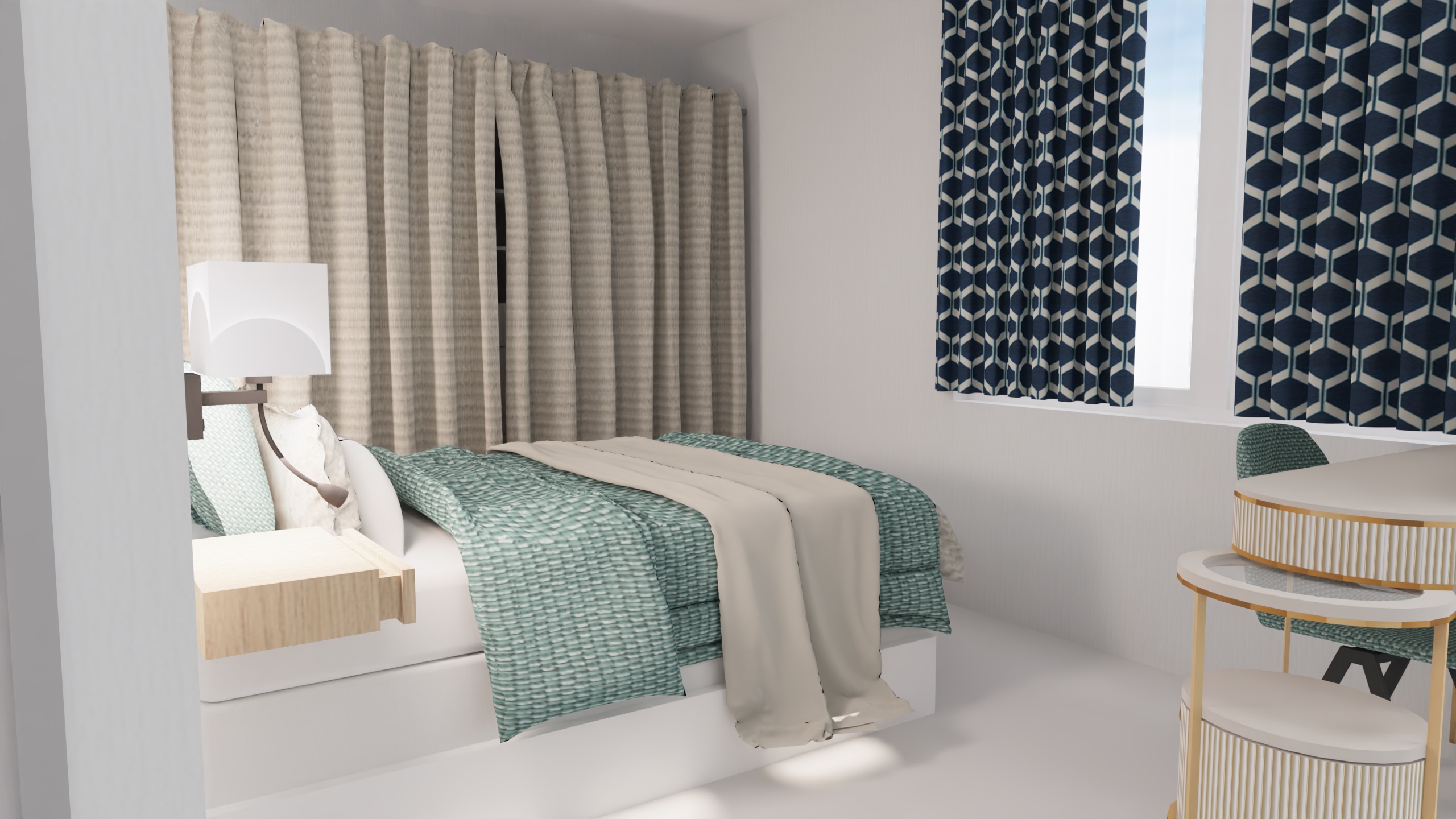Chambre adaptée avec lit sur estrade et éclairage intégré
