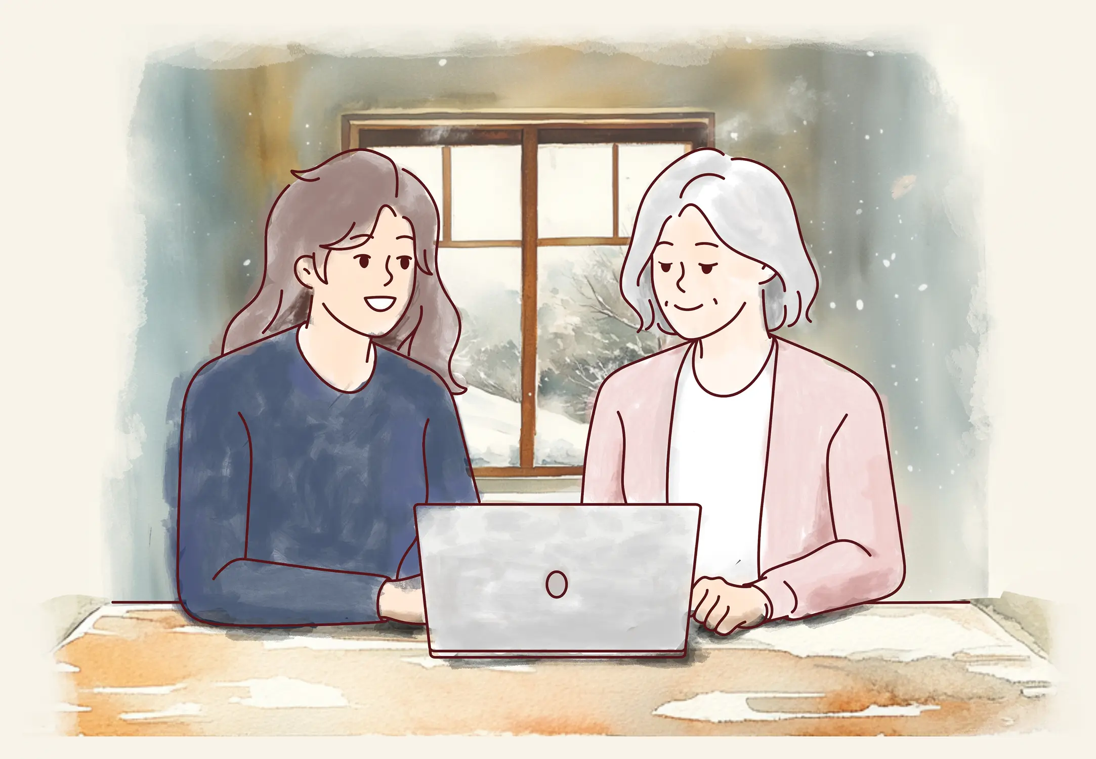 Illustration of two people using a laptop.