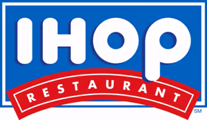IHOP restaurant logo with bold white letters on a blue background.