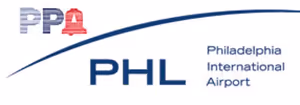 Logo of Philadelphia International Airport, displaying "PHL" and a stylized Liberty Bell.