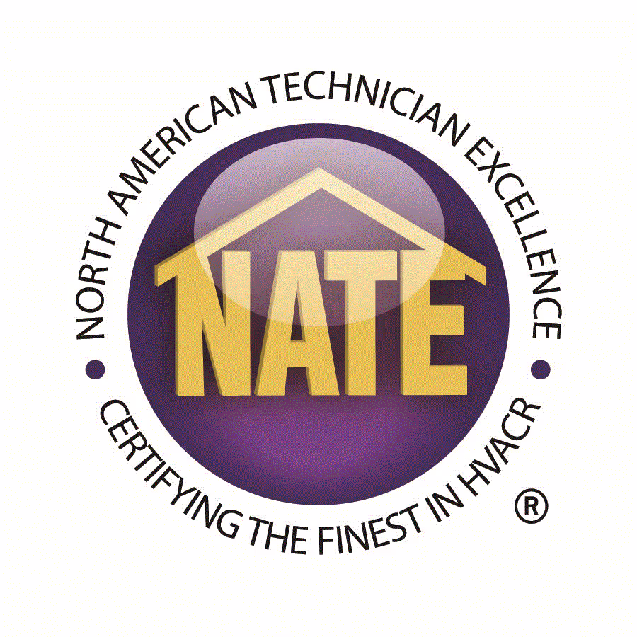 NATE logo featuring a house graphic, and the text "North American Technician Excellence, Certifying the Finest in HVACR."
