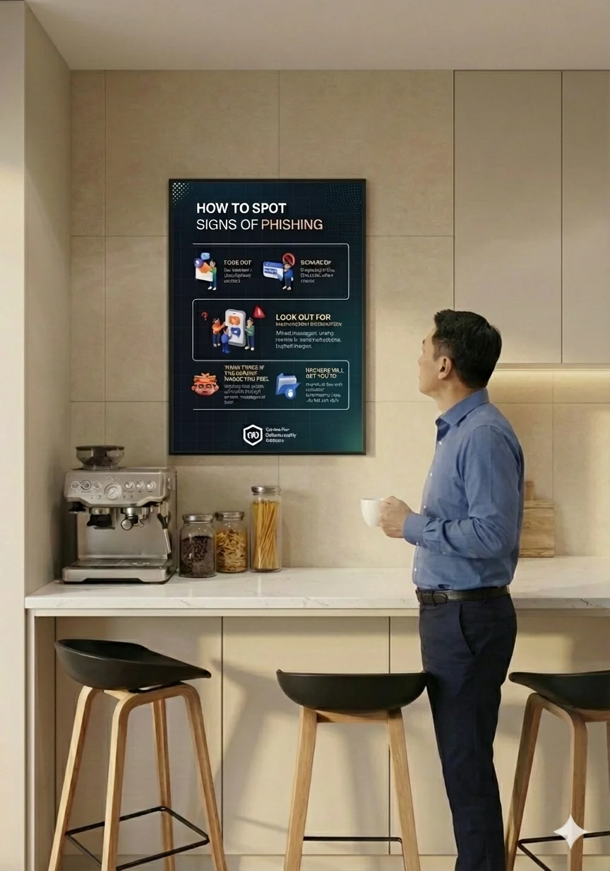 Kitchen workspace with poster