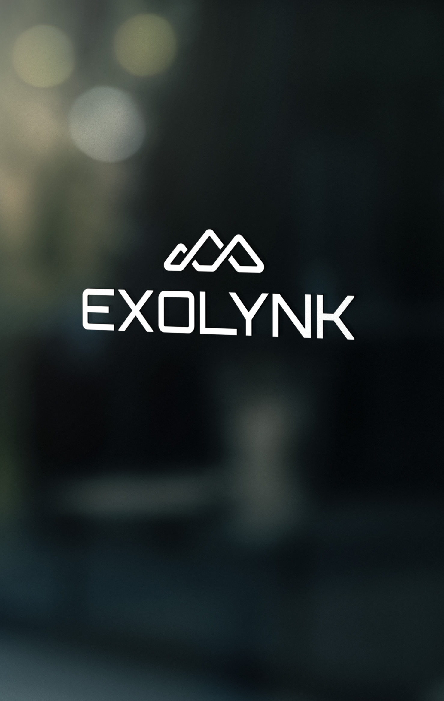 Das Logo von Exolynk steht in heller Farbe auf einem Schaufensterähnlichen Fenster.