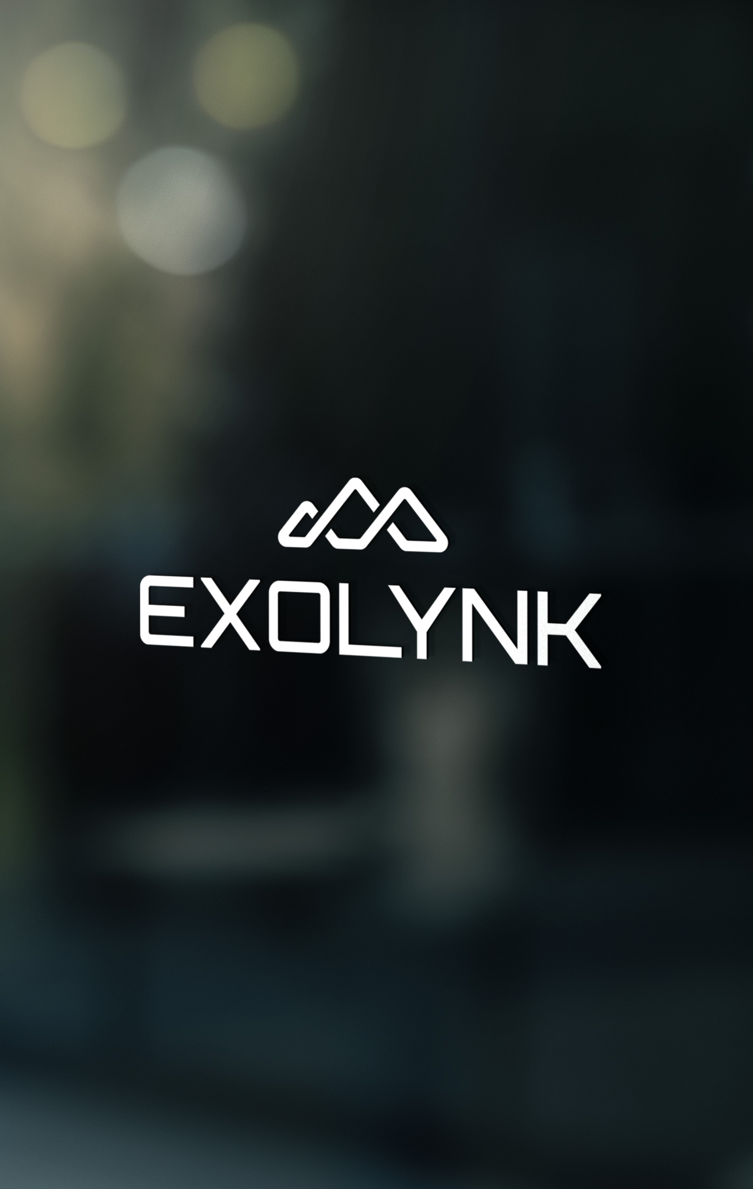 Das Logo von Exolynk steht in heller Farbe auf einem Schaufensterähnlichen Fenster.