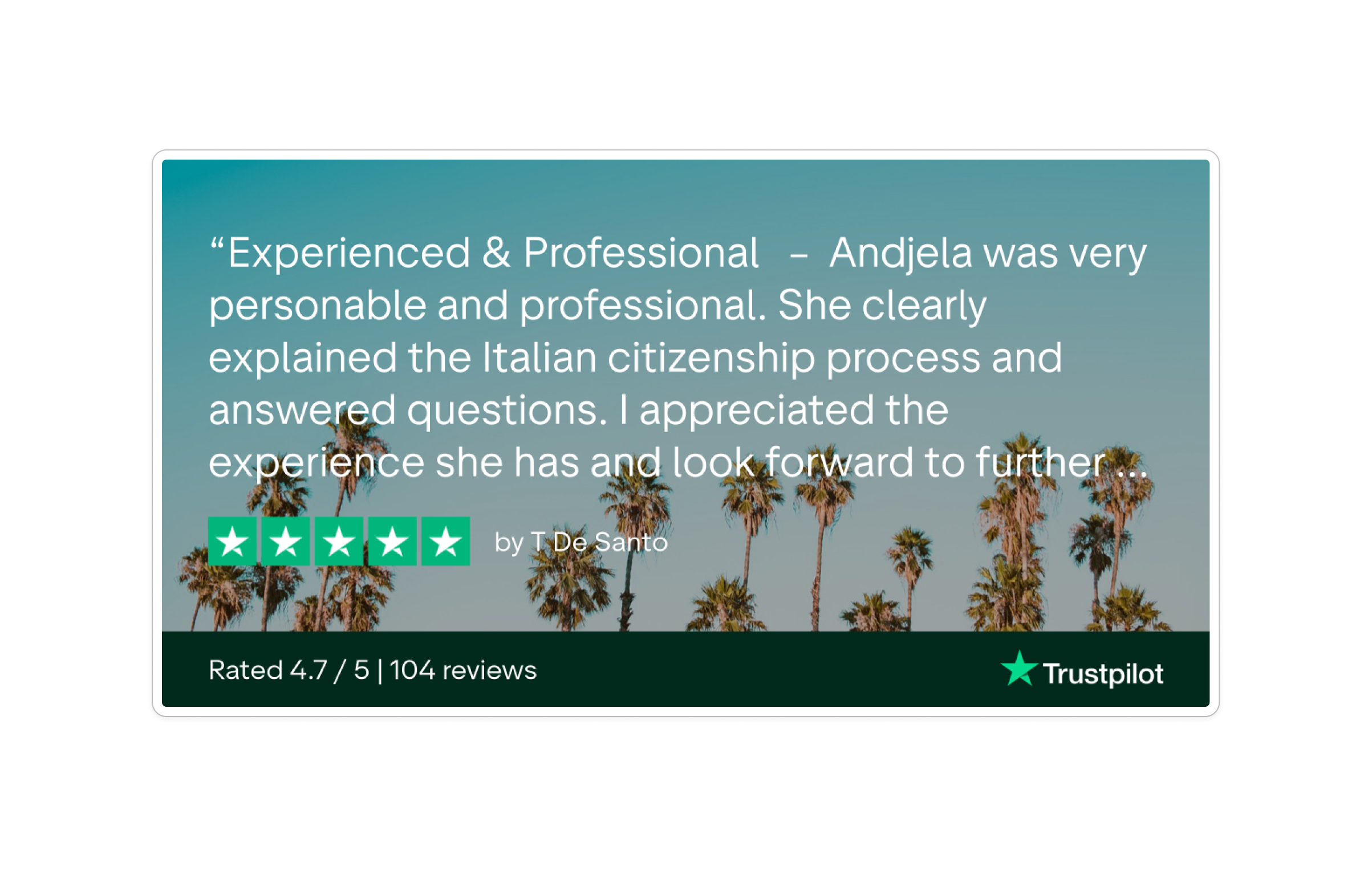 Trustpilot review with five-star rating praising Andjela for professionalism and clear explanation of the Italian citizenship process, with palm trees and blue sky background.