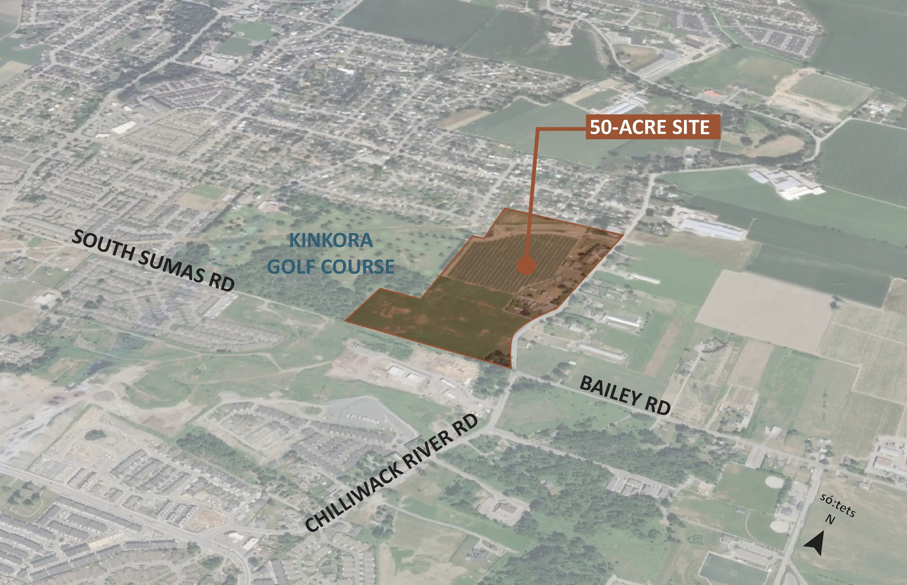 Aerial map showing a 50-acre site near Kinkora Golf Course bordered by South Sumas, Bailey, and Chilliwack River Roads.