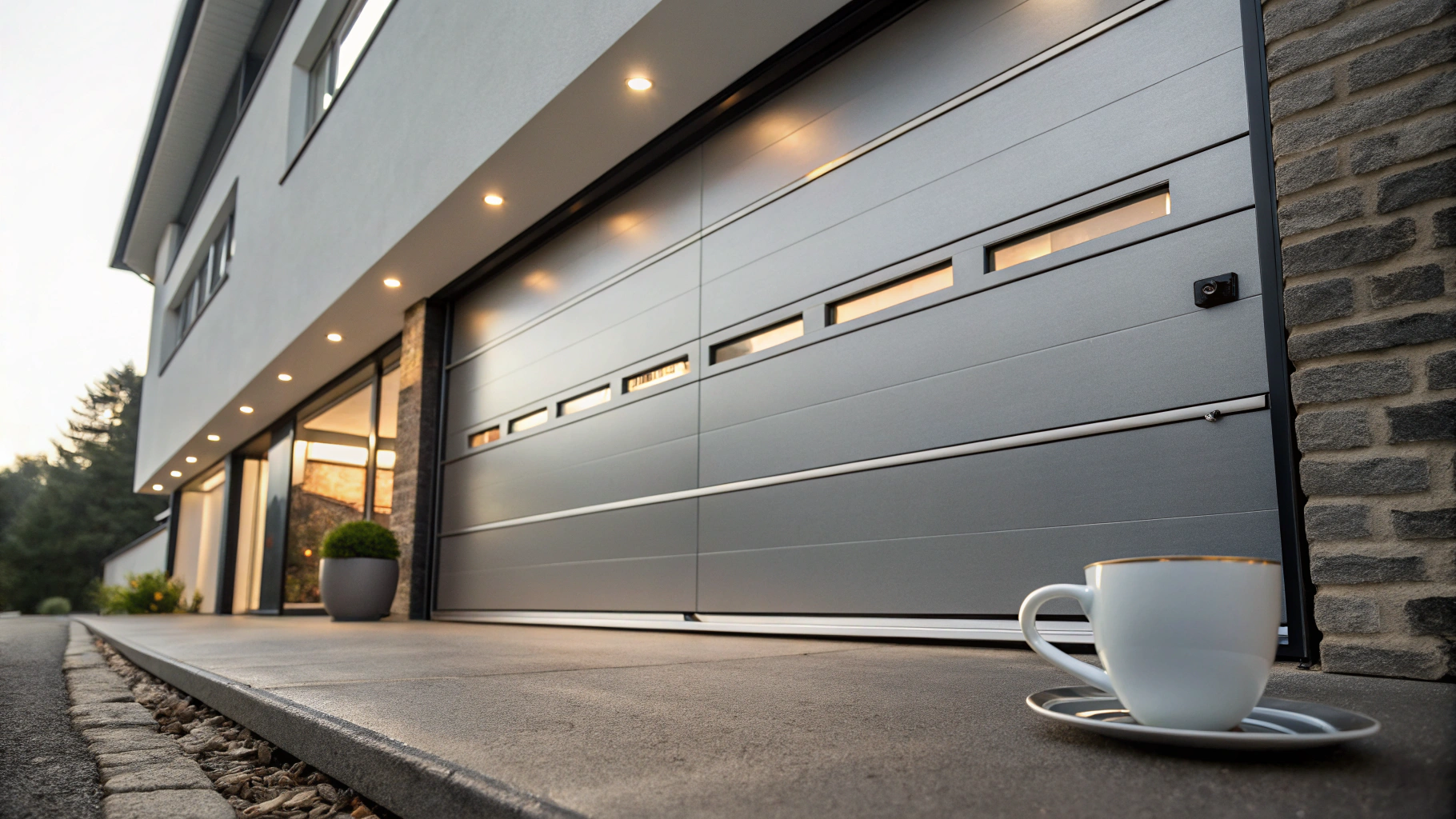 Close-up shot of a modern pivoted garage door in an urban residential setting, with sleek metallic panels and a smooth, gray finish