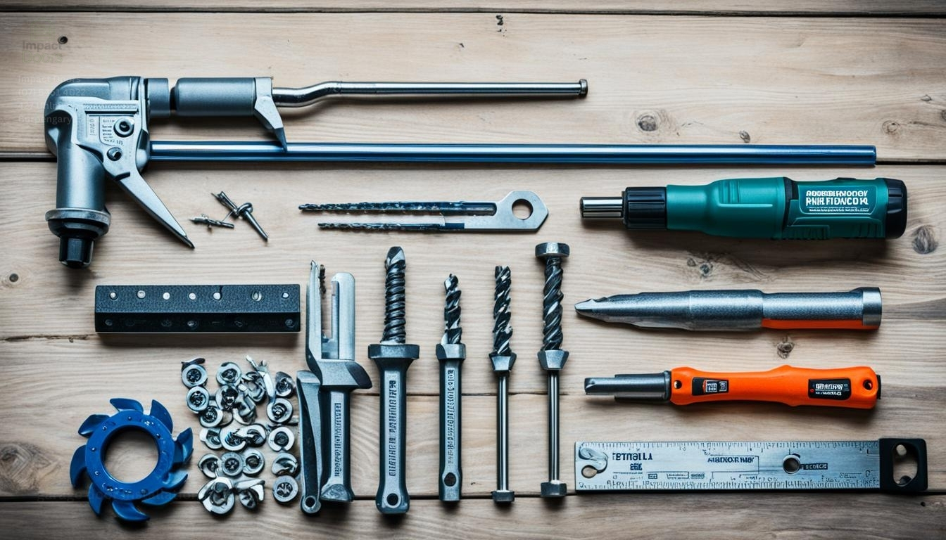 DIY garage door installation tools on workbench with laser level and spring tension tools