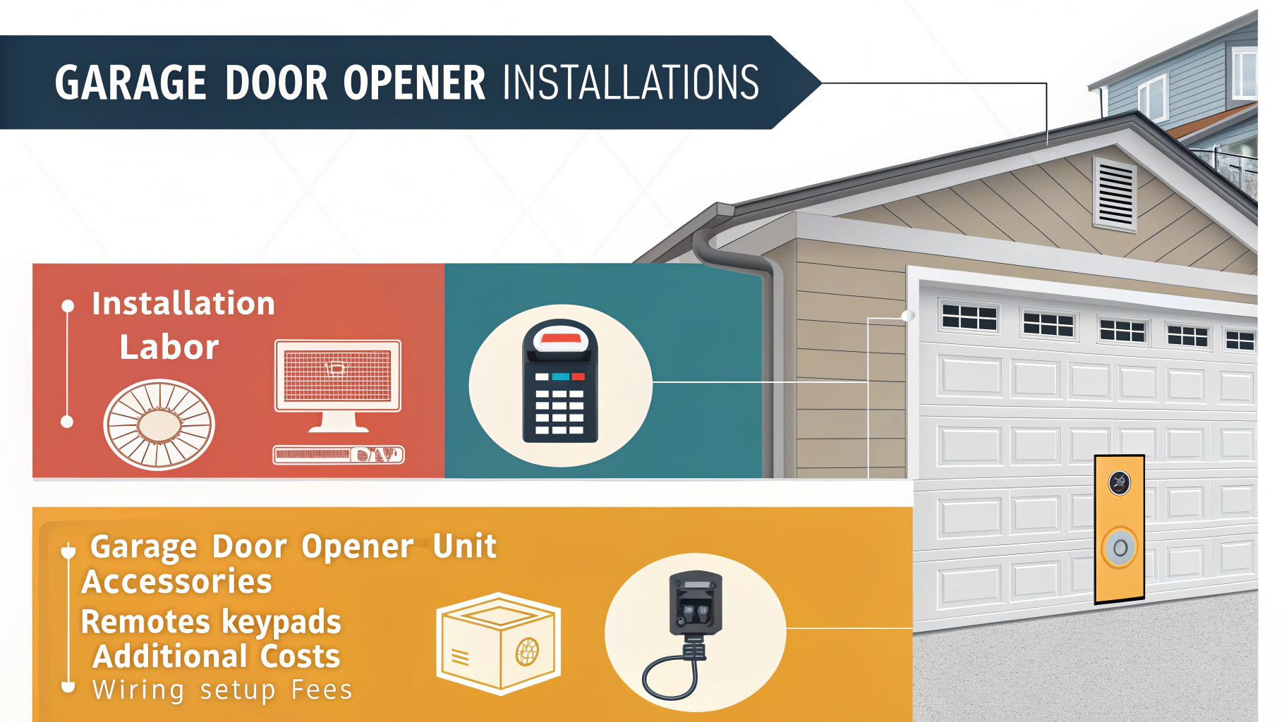 Create an informative and visually engaging infographic illustrating the cost breakdown of garage door opener installations. The design should include clean, modern graphics with a clear, easy-to-read