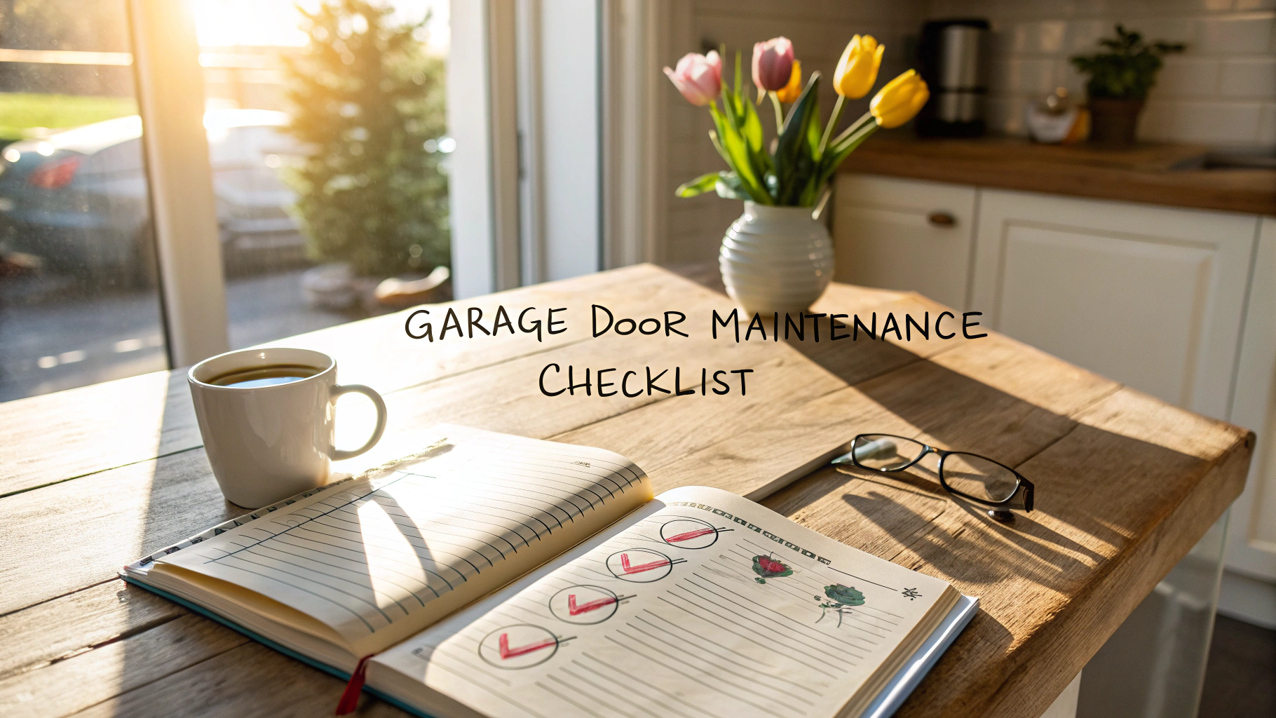 A Bright, Cozy Kitchen Setting with a Detailed Garage Door Maintenance Checklist