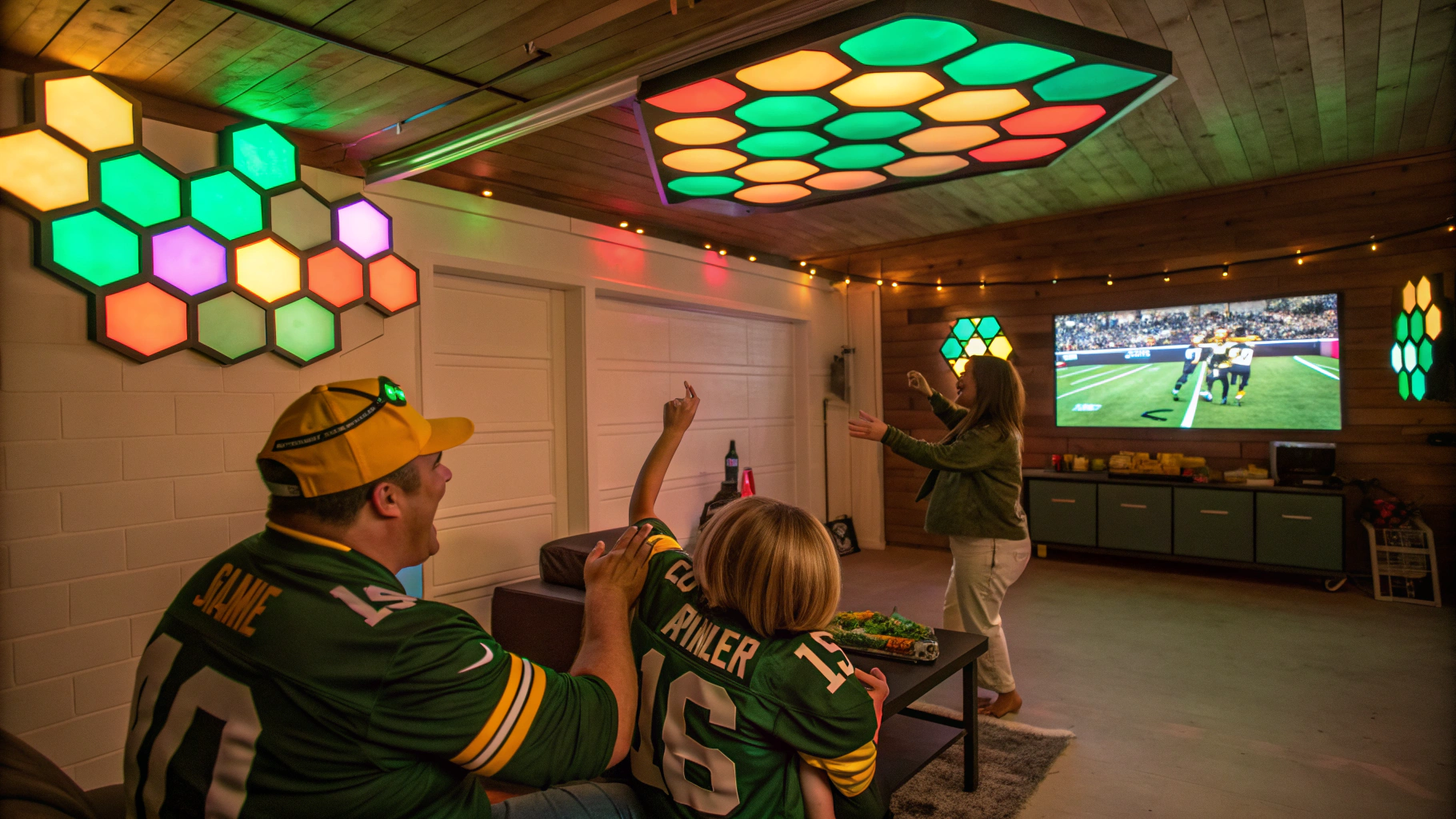 Action shot of a lively family enjoying a Green Bay Packers watch party