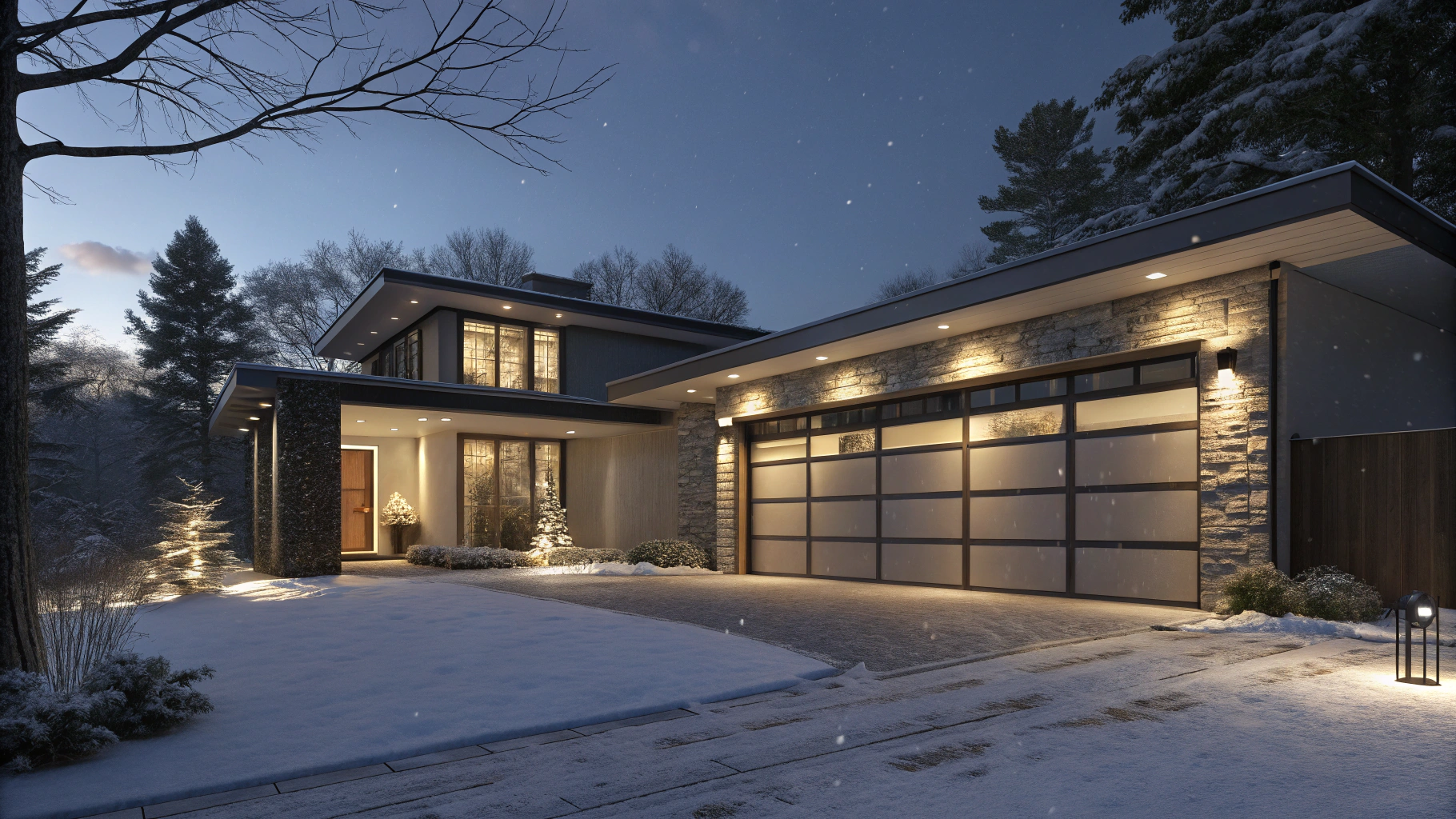 A high-resolution image of a contemporary Milwaukee garage at night