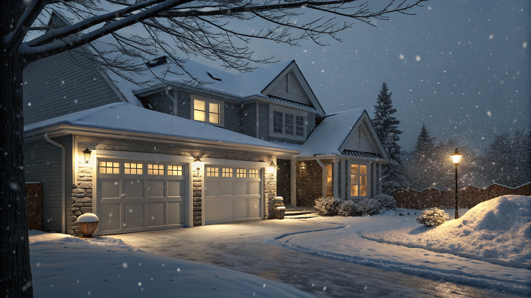Create an image of a cozy suburban neighborhood during a heavy snowstorm at night