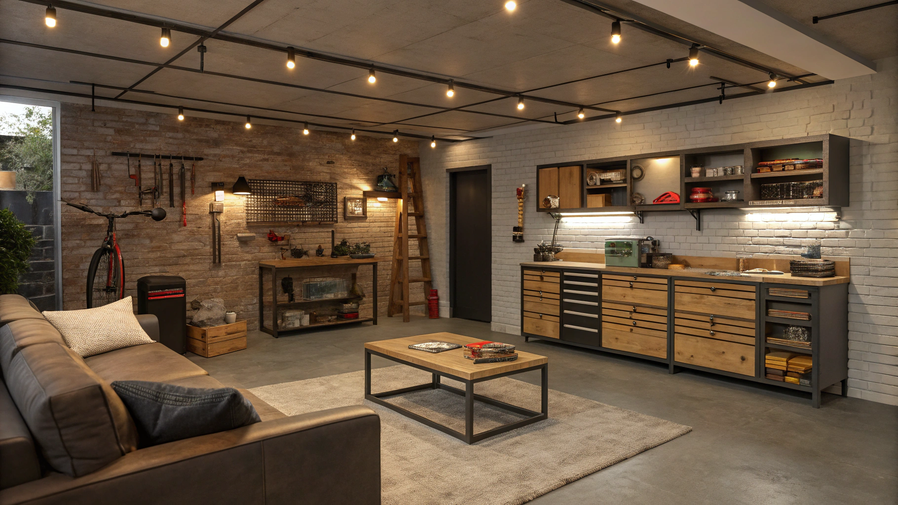 A cozy indoor scene of a transformed garage