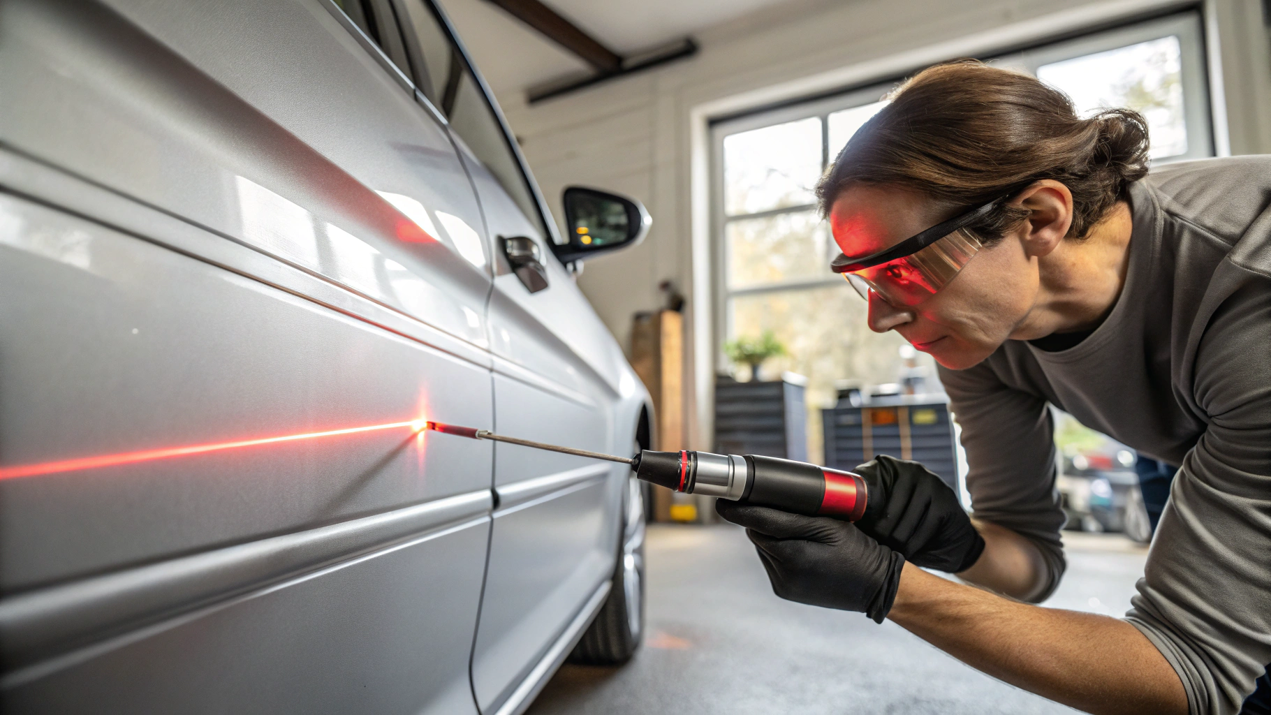 Laser thermal dent repair tool on a metallic garage door