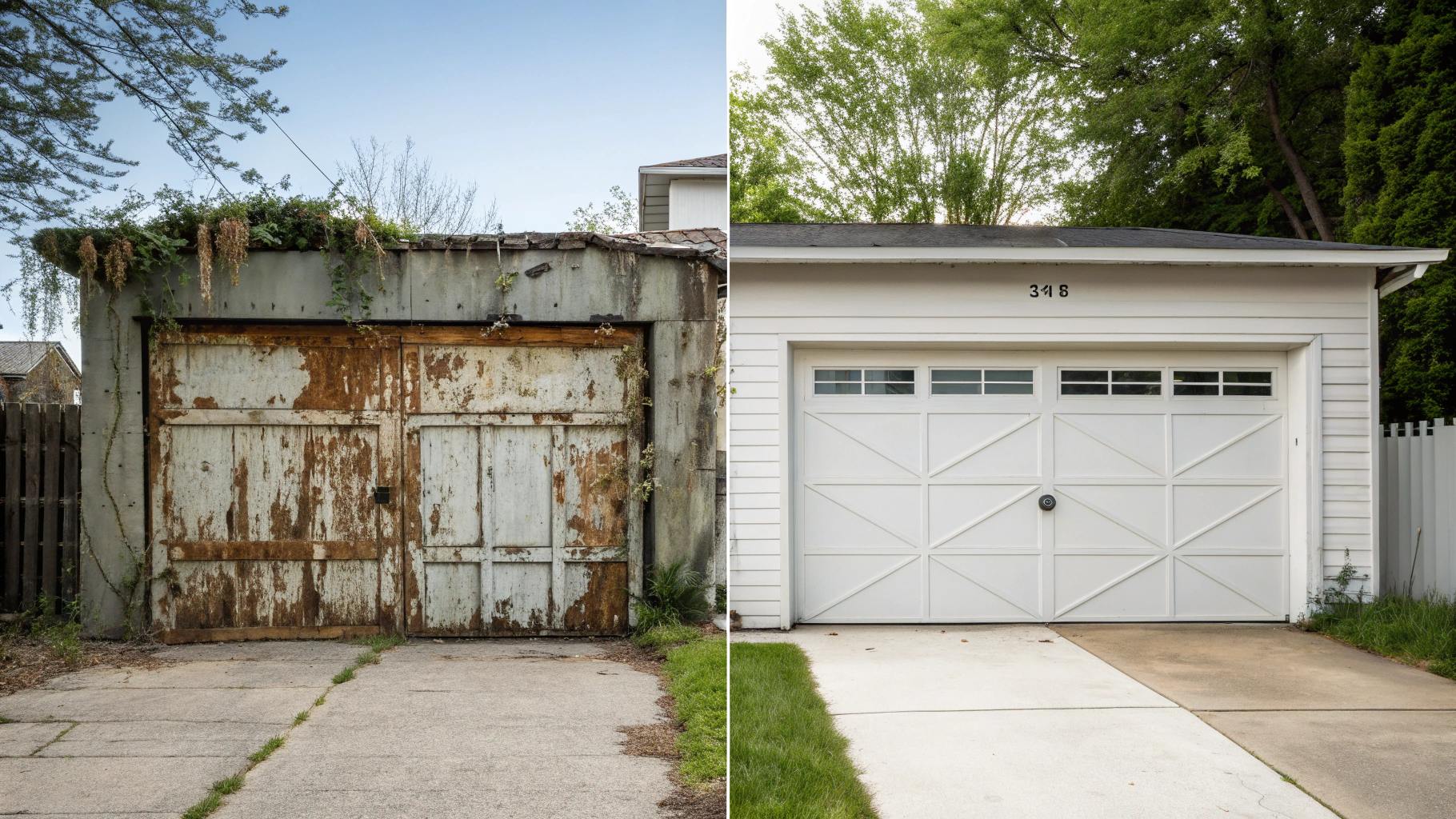 Stark contrast between a dilapidated garage door and a shiny new replacement