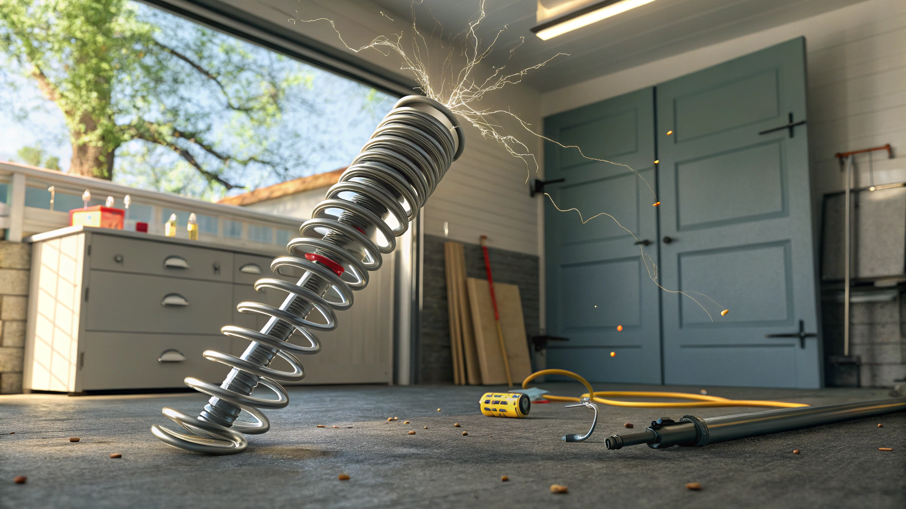 Illustrate a garage scene focusing on an extension spring failing