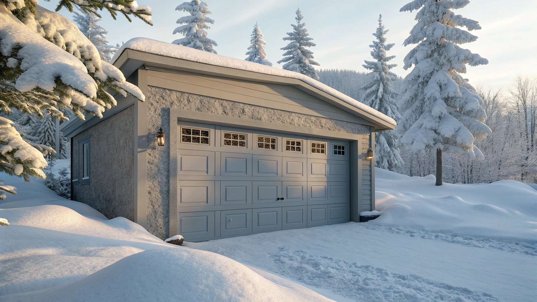Generate an image of a garage door in a winter setting