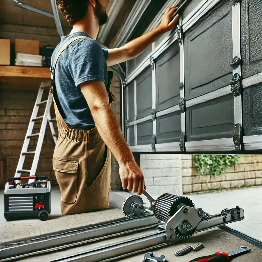 Professional technician examining garage door with tools West Bend