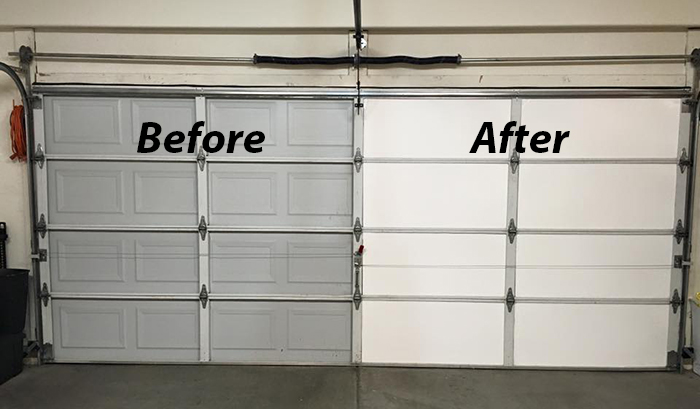 before and after comparison old garage door new insulated garage door energy efficiency