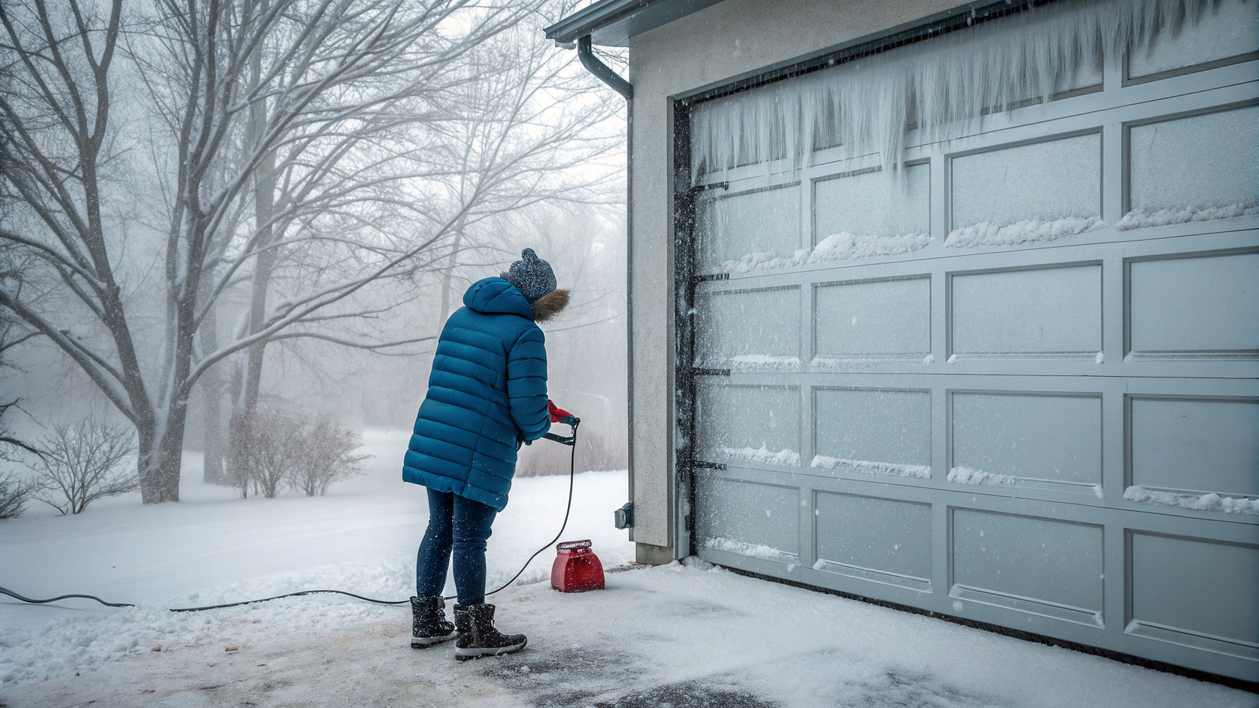 Imagine a chilly winter morning, where a person stands outside a garage with a snow-covered landscape. The focal point is an individual in a thick, puffy blue parka, wearing gloves and a knit hat. The