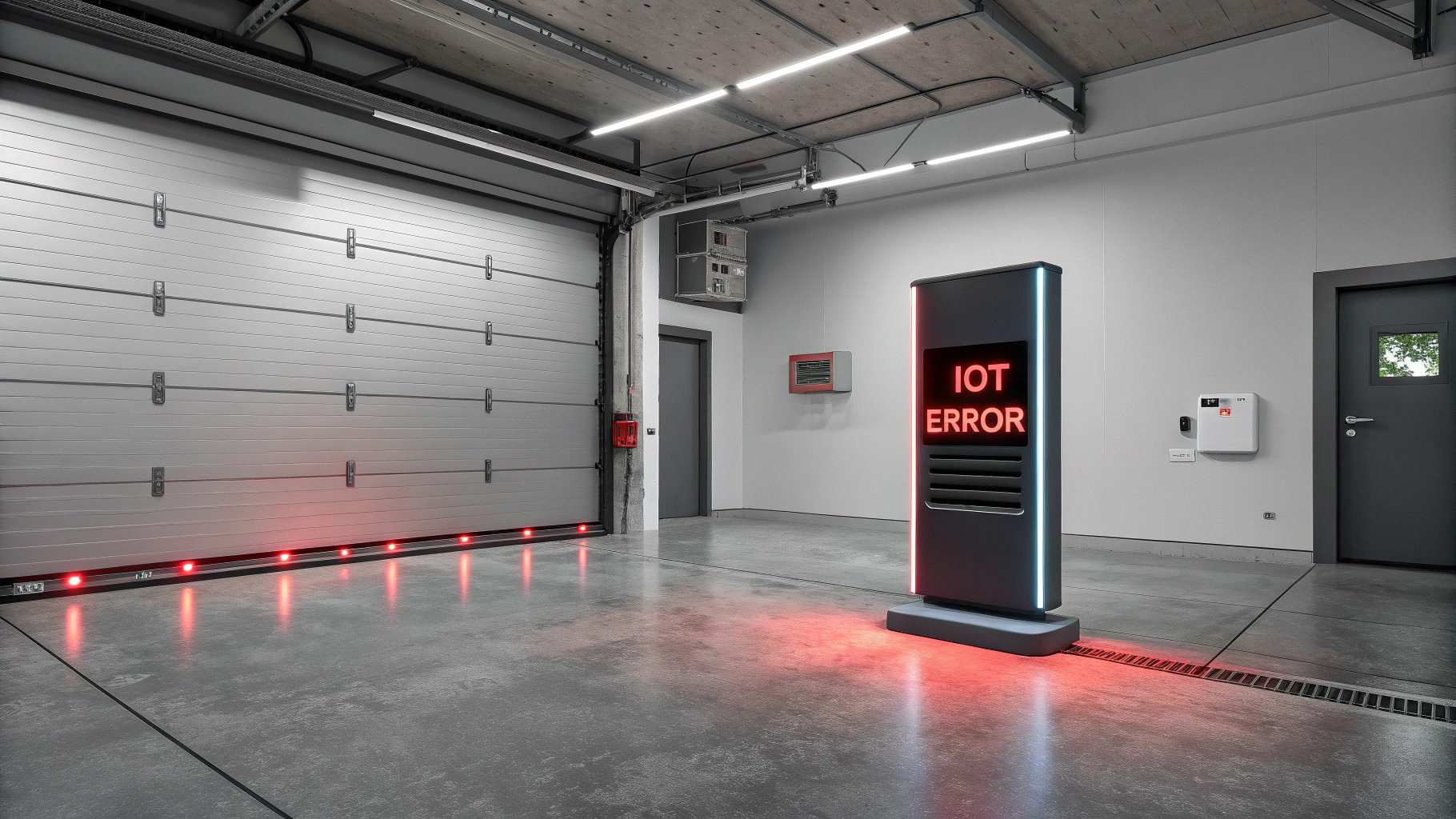 Create an image of a modern garage interior featuring a sleek, high-tech garage door. The focal point is the garage door sensors located at the sides of the door's base, illuminated with a faint red g