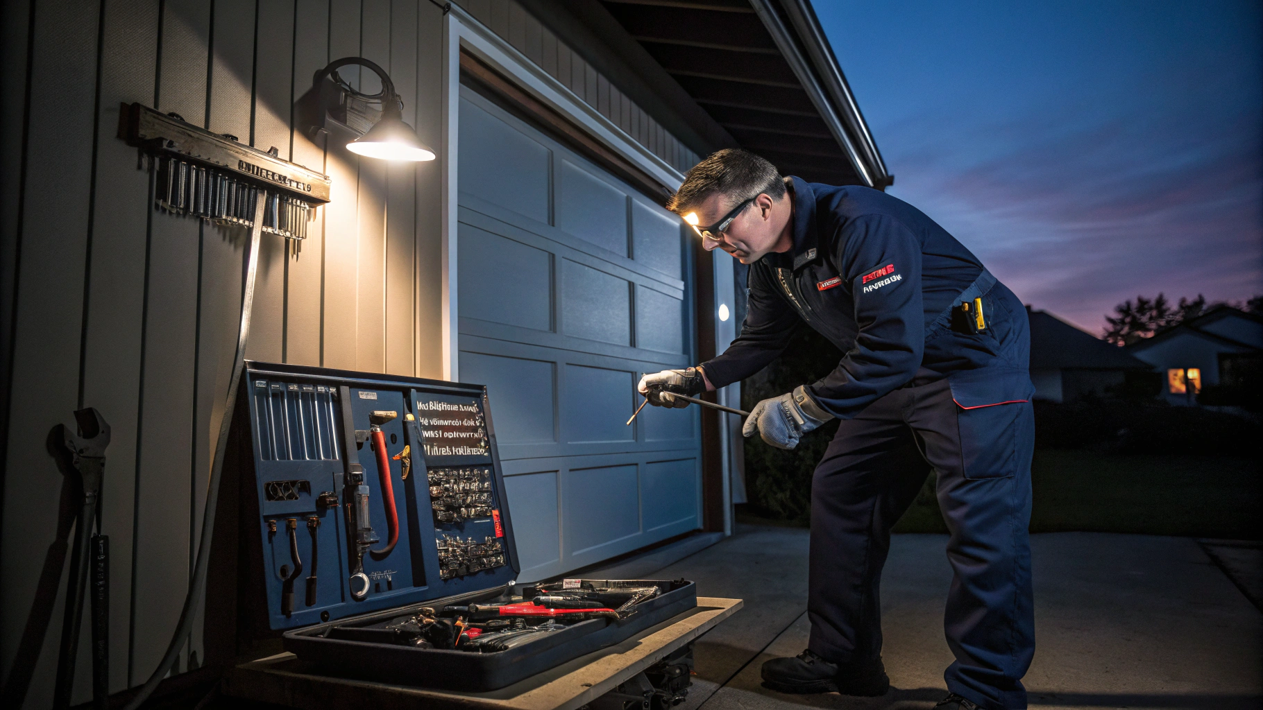 A skilled Milwaukee garage door repair technician is working late at night, illuminated by the soft glow of a portable work light.