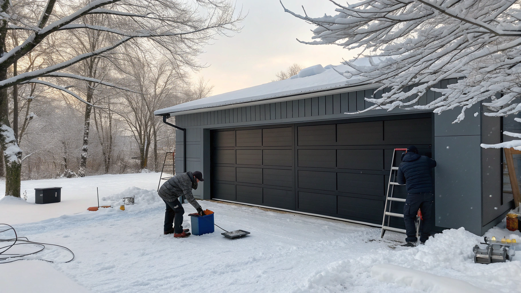 A picturesque winter scene showcasing a garage door installation in progress.