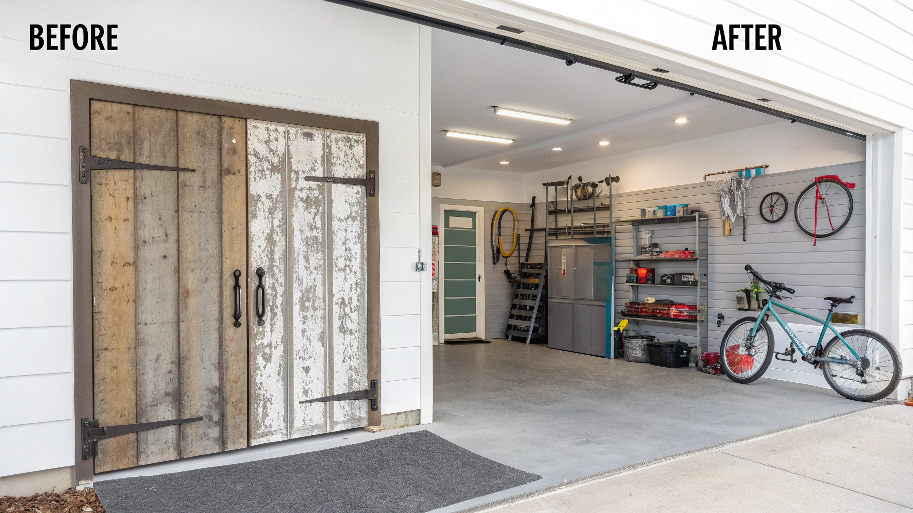 A split-view photograph showcasing a garage space, meticulously organized, with the left side showing "Before" and the right side "After" the installation of a modern garage door.