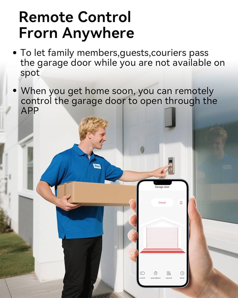 Family using smartphone app to open garage door with smart technology