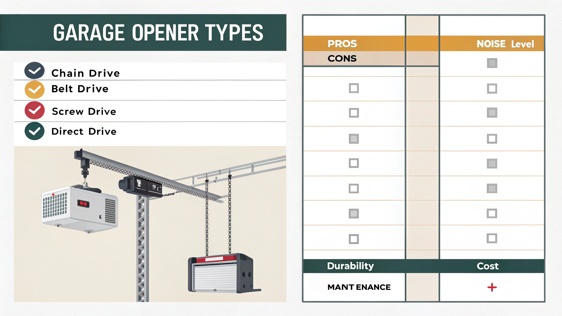 A detailed visual comparison chart of garage opener types
