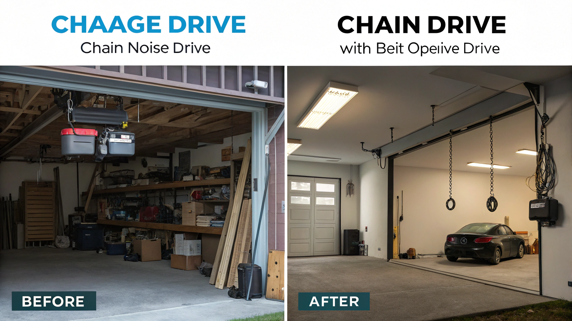Split-screen image illustrating a before-and-after comparison of garage noise levels with chain drive vs. belt drive openers.