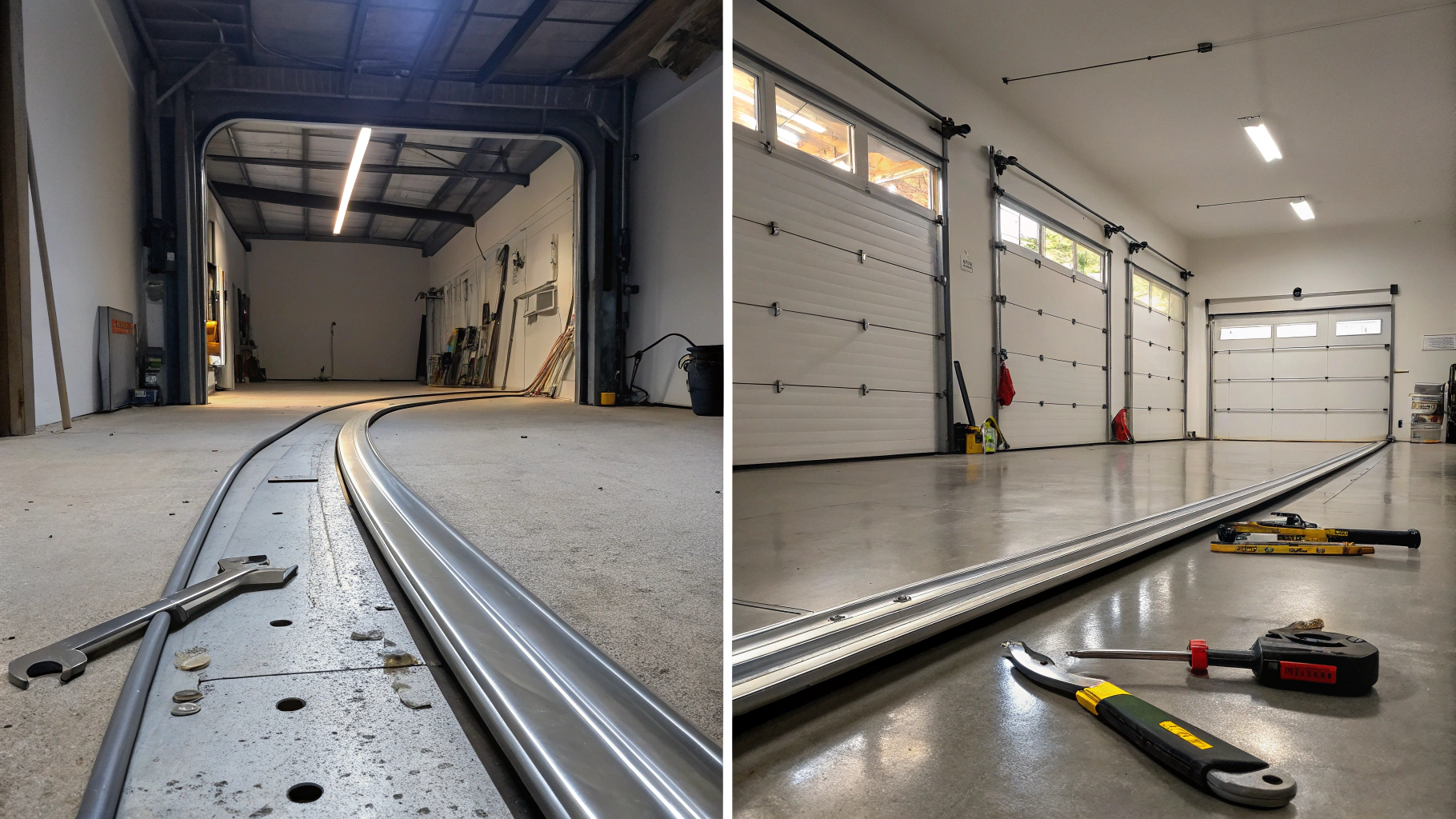 Create two detailed images depicting a garage door track realignment
