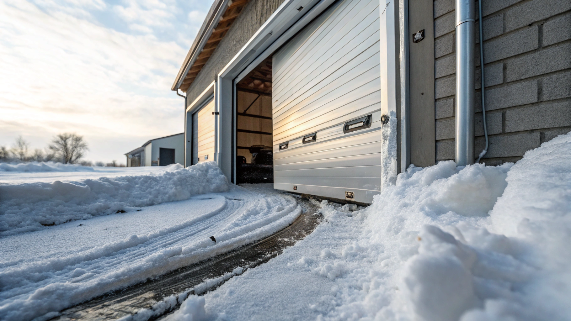 Close-up of a garage door that has slipped off its track, captured in stunning detail
