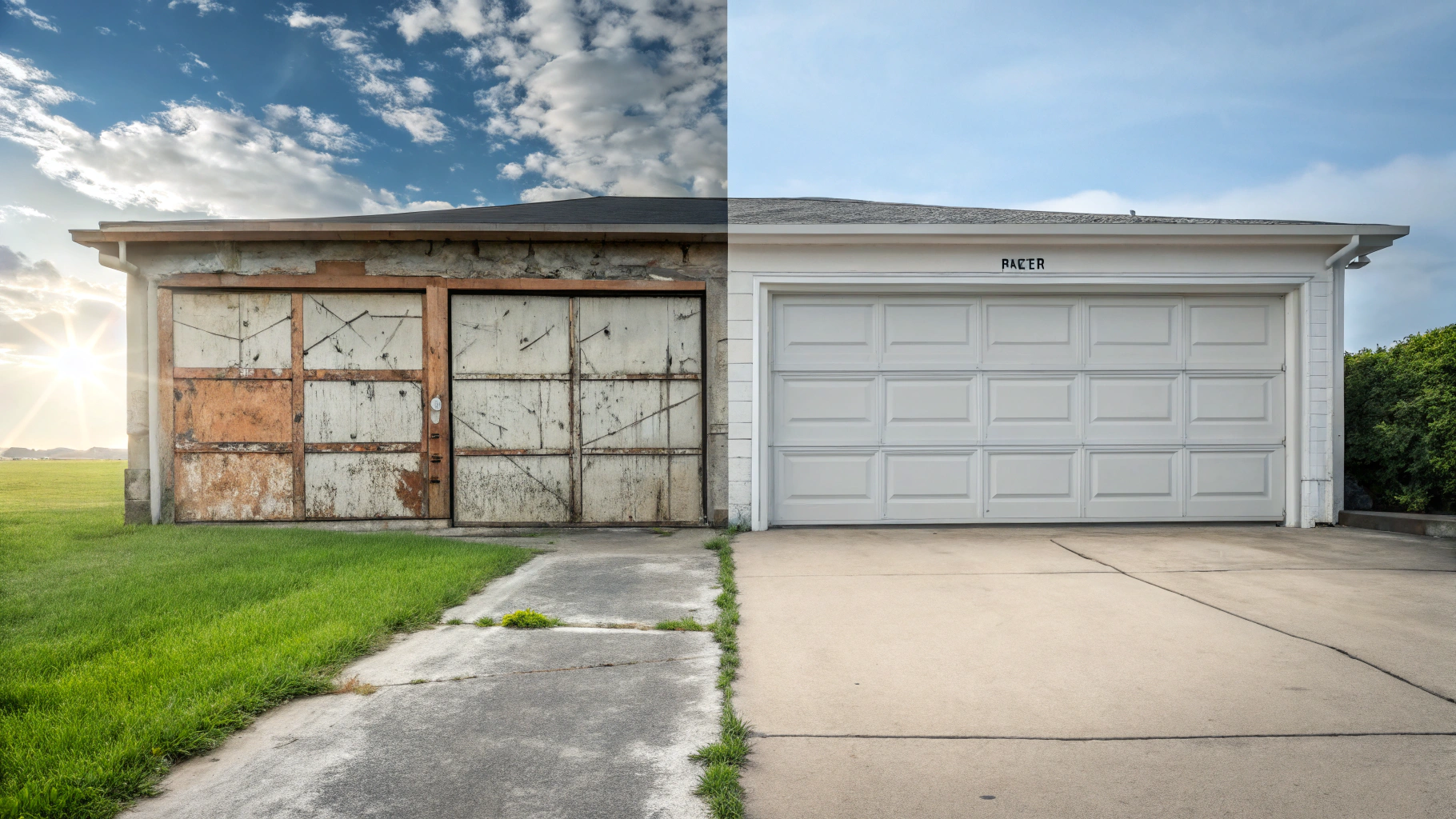 "Create a split-image scene depicting a before and after comparison of a garage door. On the left, illustrate a worn-out garage door with visible damage: dented and scratched metal panels, peeling pai