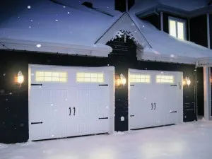 Close-up sturdy steel garage door snow accumulation