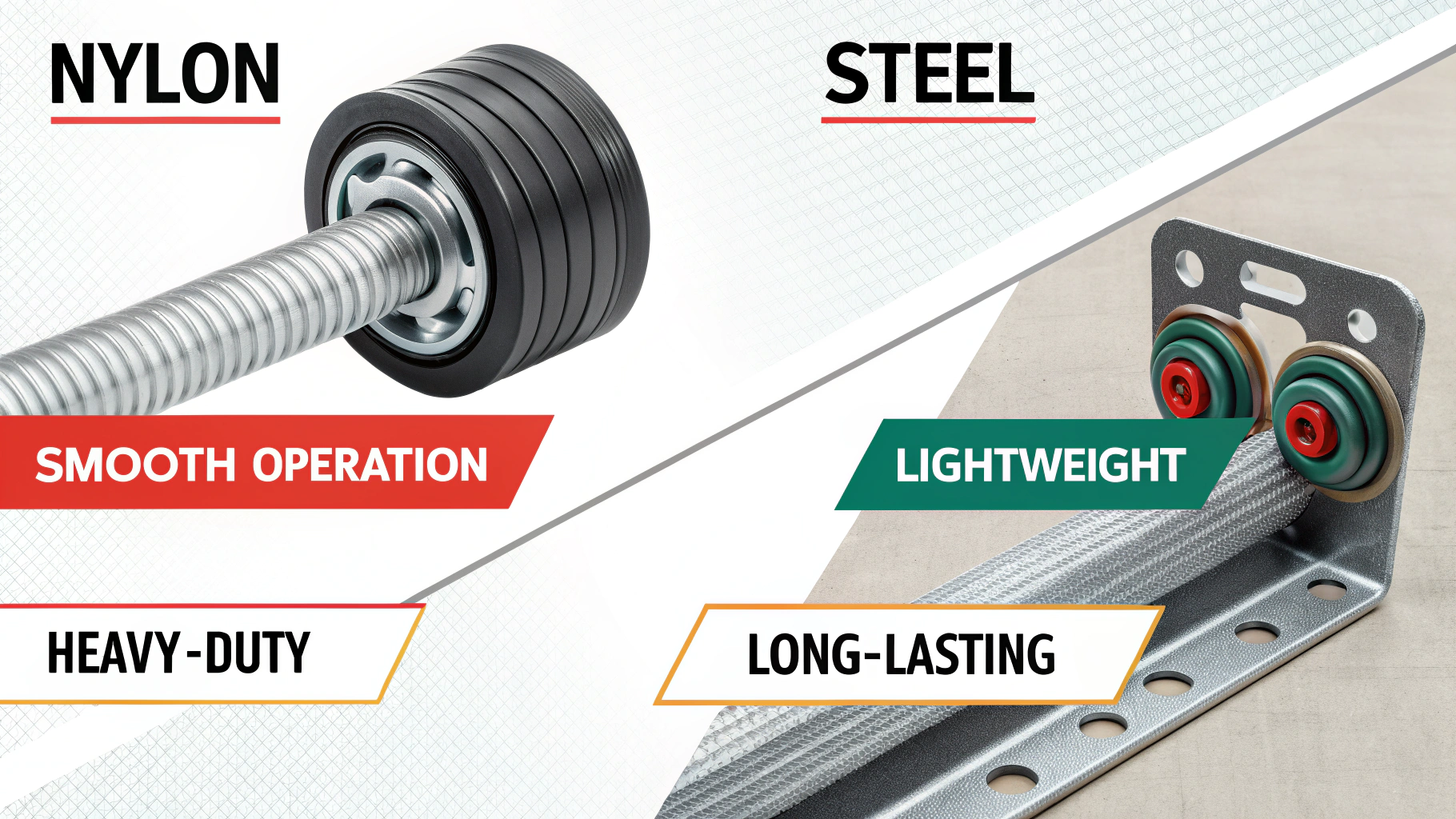 Create an infographic-style image contrasting nylon and steel garage door rollers. On the left, illustrate a detailed, high-resolution nylon roller, highlighting its attributes such as durability, qui