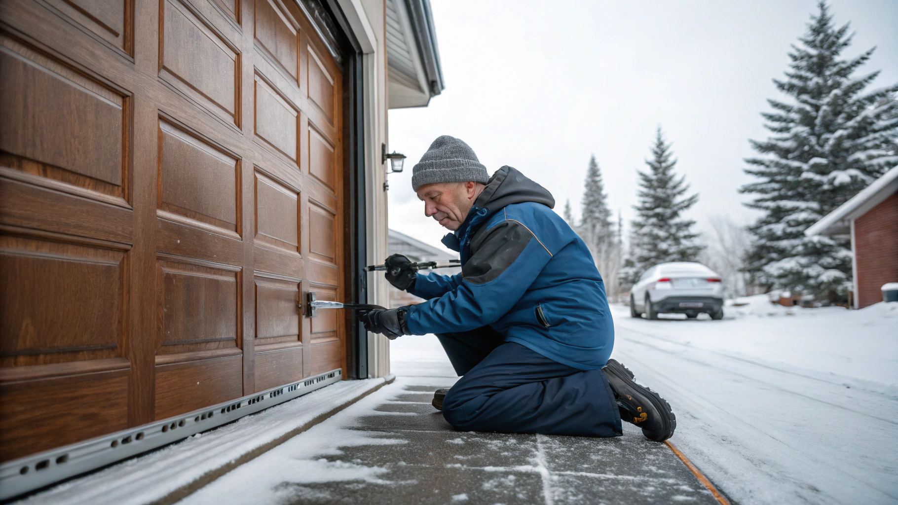Technician inspecting garage door rollers on a cold, snowy day in Waukesha