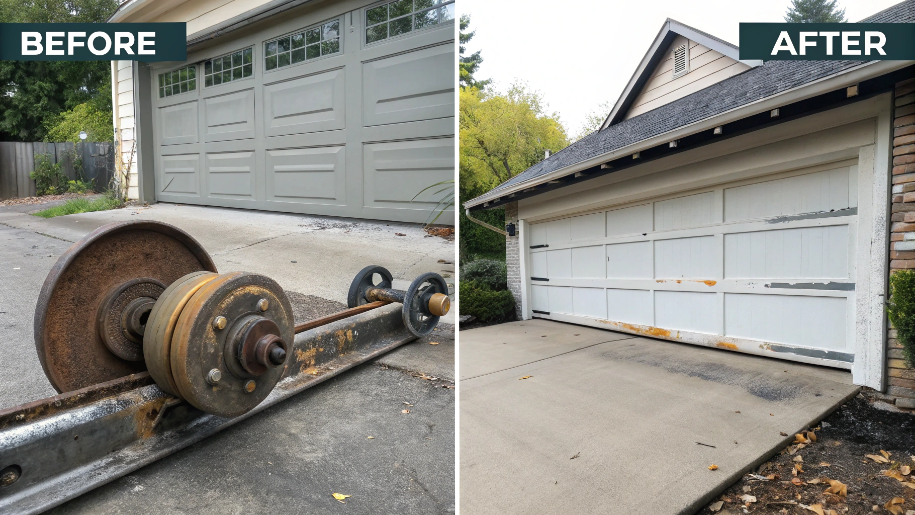Before and after images showcasing a garage door roller replacement