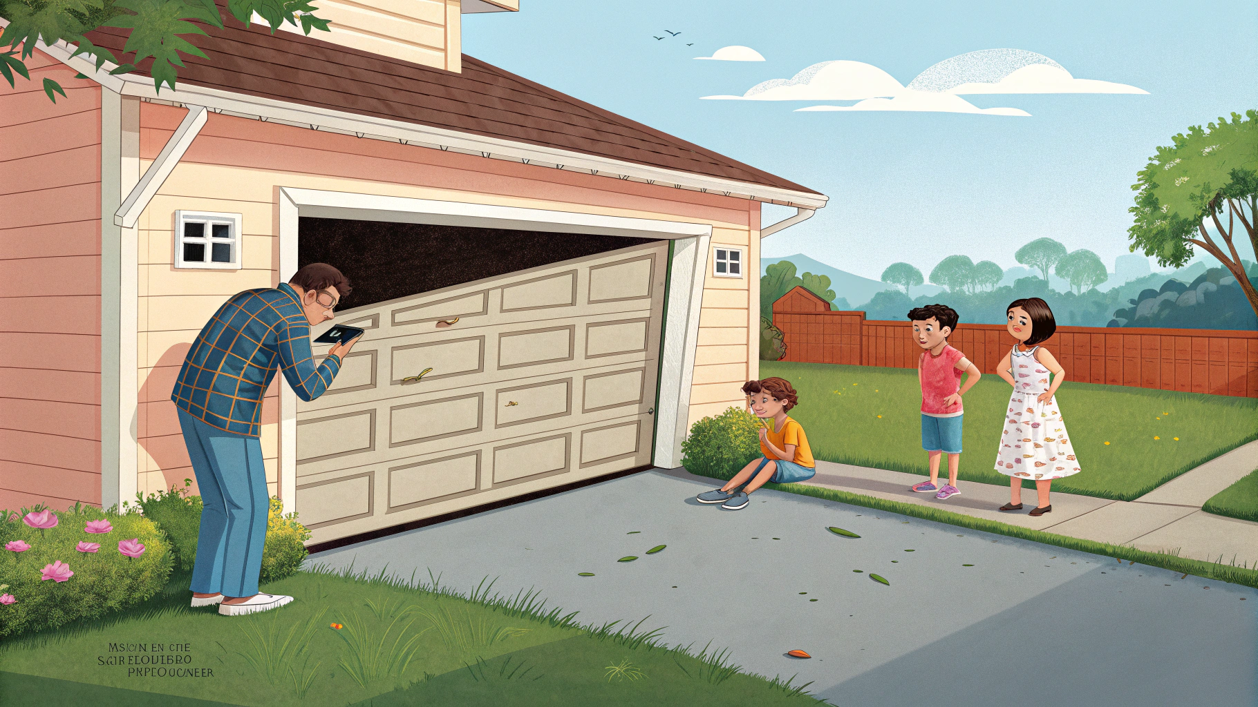 Illustration of a garage door stuck halfway open, capturing a suburban setting