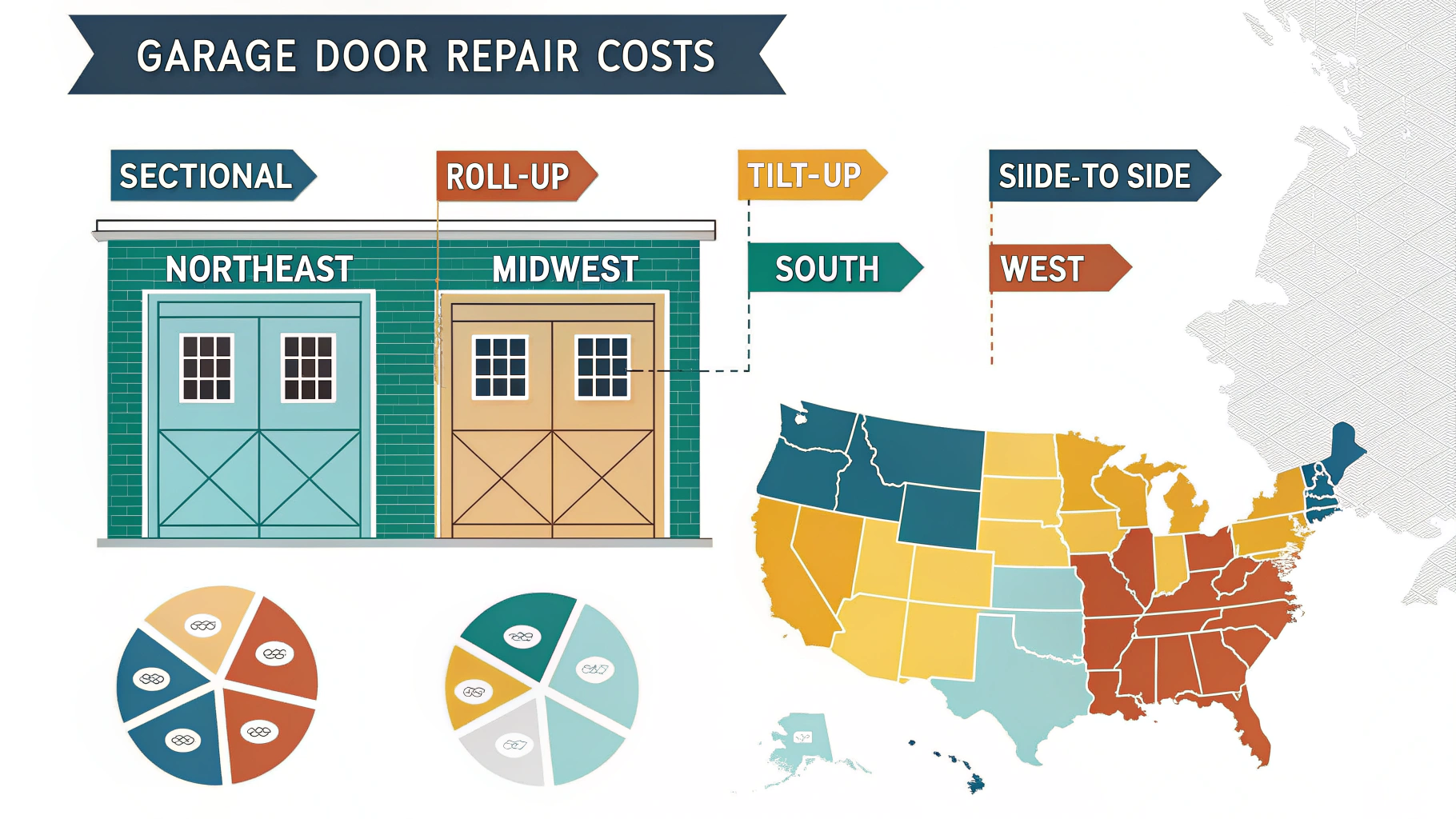 Infographic-style image illustrating average garage door repair costs, segmented by types and regions
