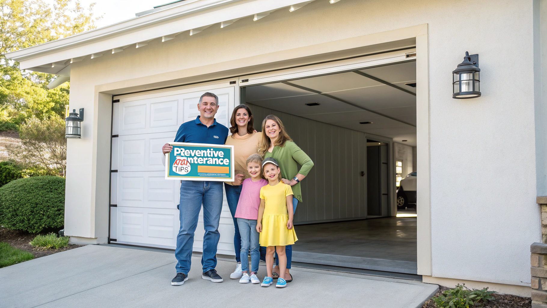 A cheerful family of four stands in front of a well-kept garage, smiling warmly at the camera